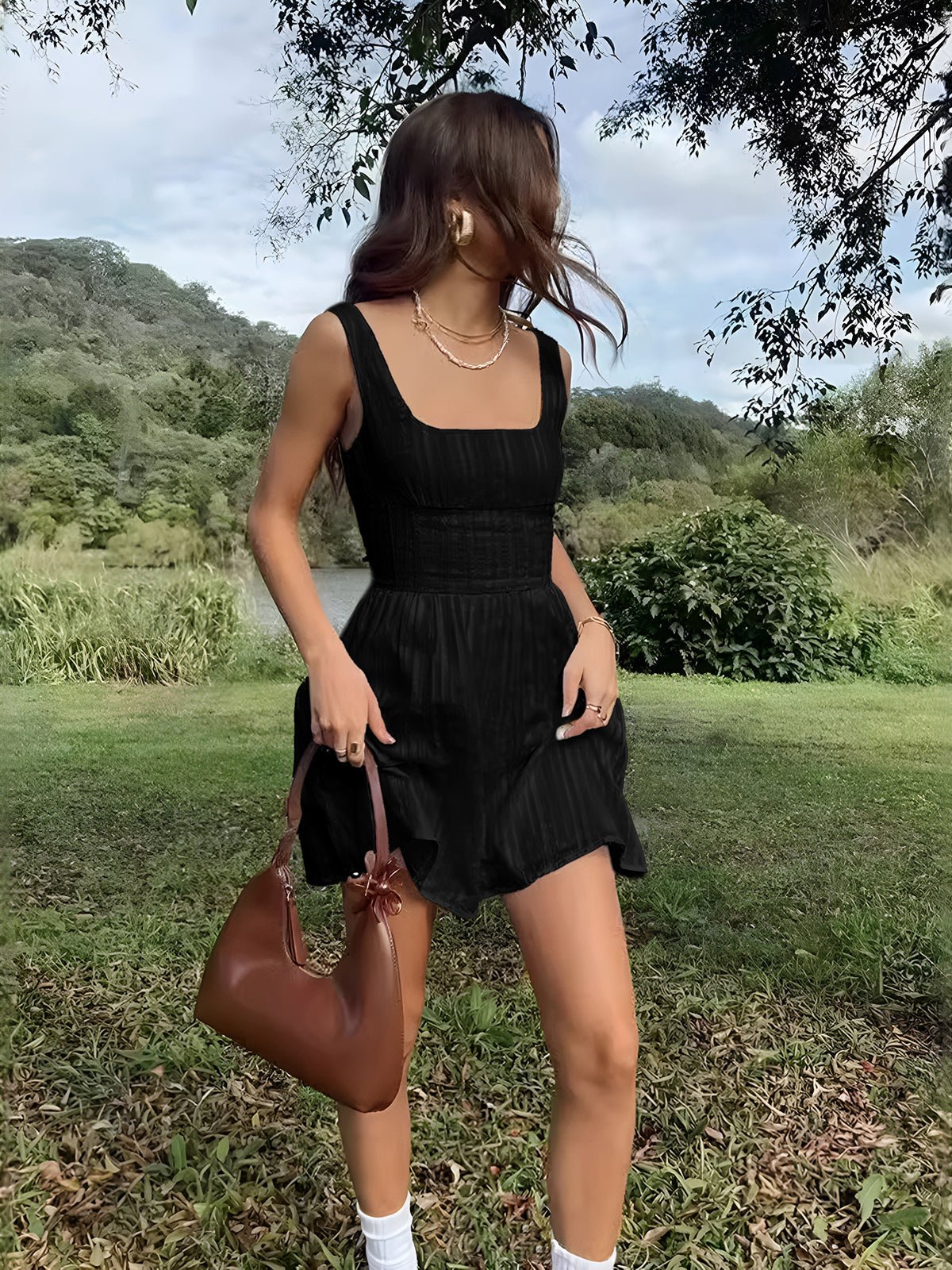 Semi - Sheer Düz Square Neckline Kısa Elbise - Phentora