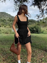 Semi - Sheer Düz Square Neckline Kısa Elbise - Phentora