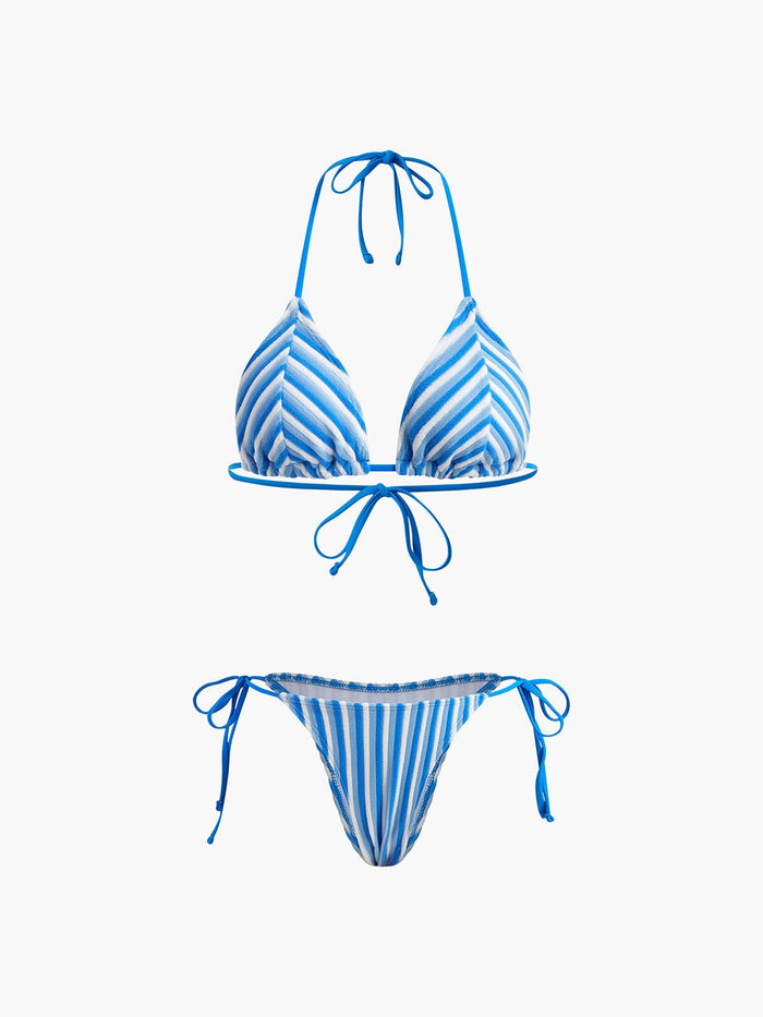 Boyundan Bağlamalı Üçgen Çizgili Bikini Takımı - Phentora