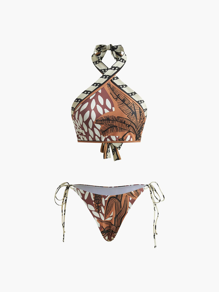 Retro Desenli Boyundan Bağlamalı Bikini Takımı - Phentora