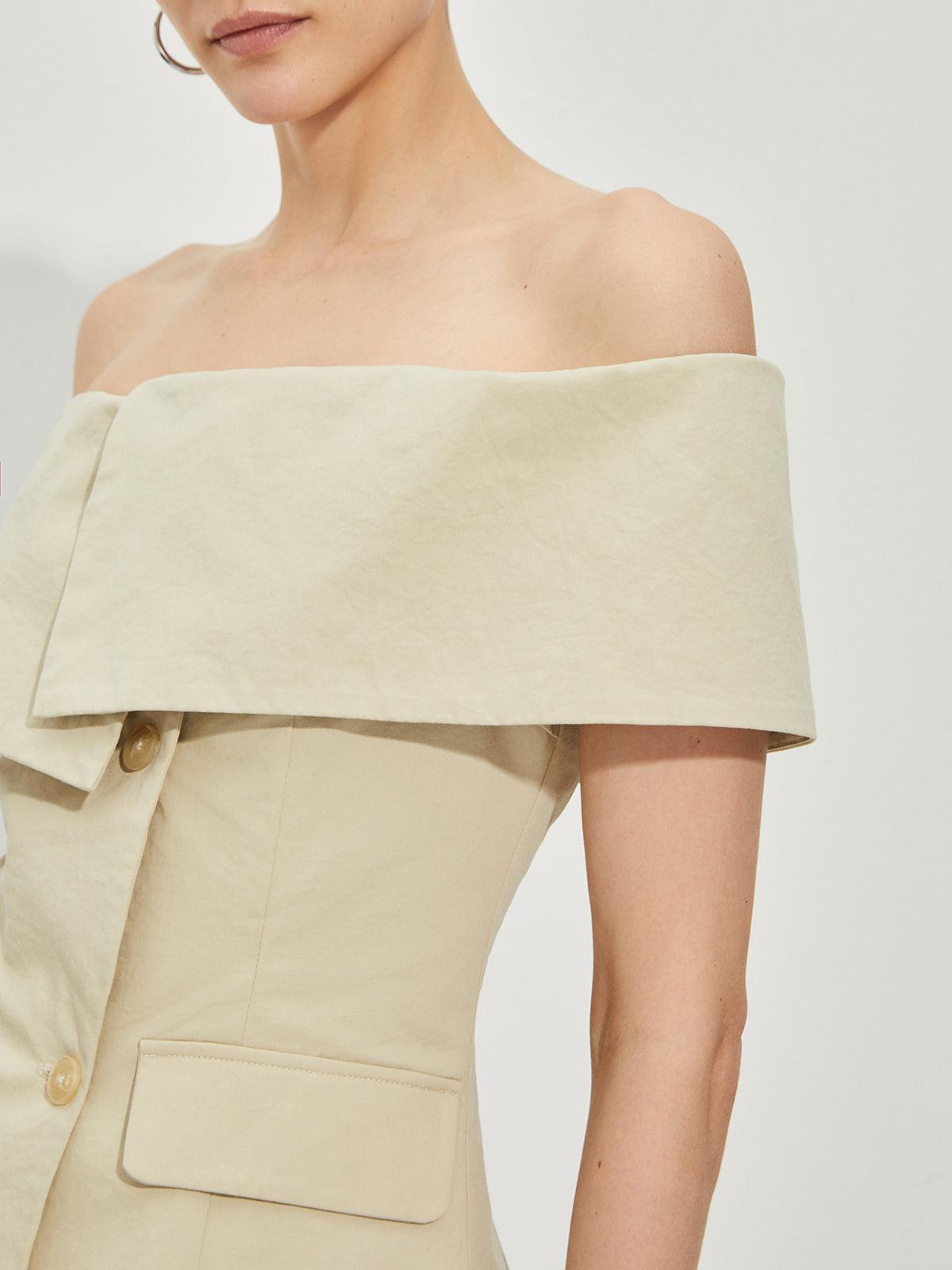 Off - Shoulder Detaylı Krem Renk Blazer Üst - Phentora
