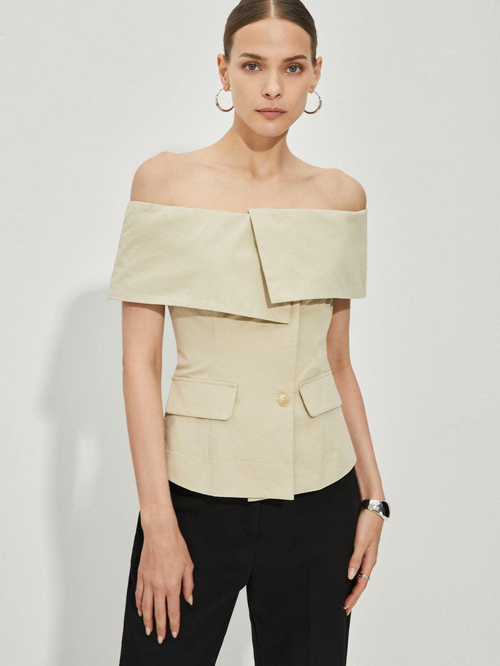 Off - Shoulder Detaylı Krem Renk Blazer Üst - Phentora