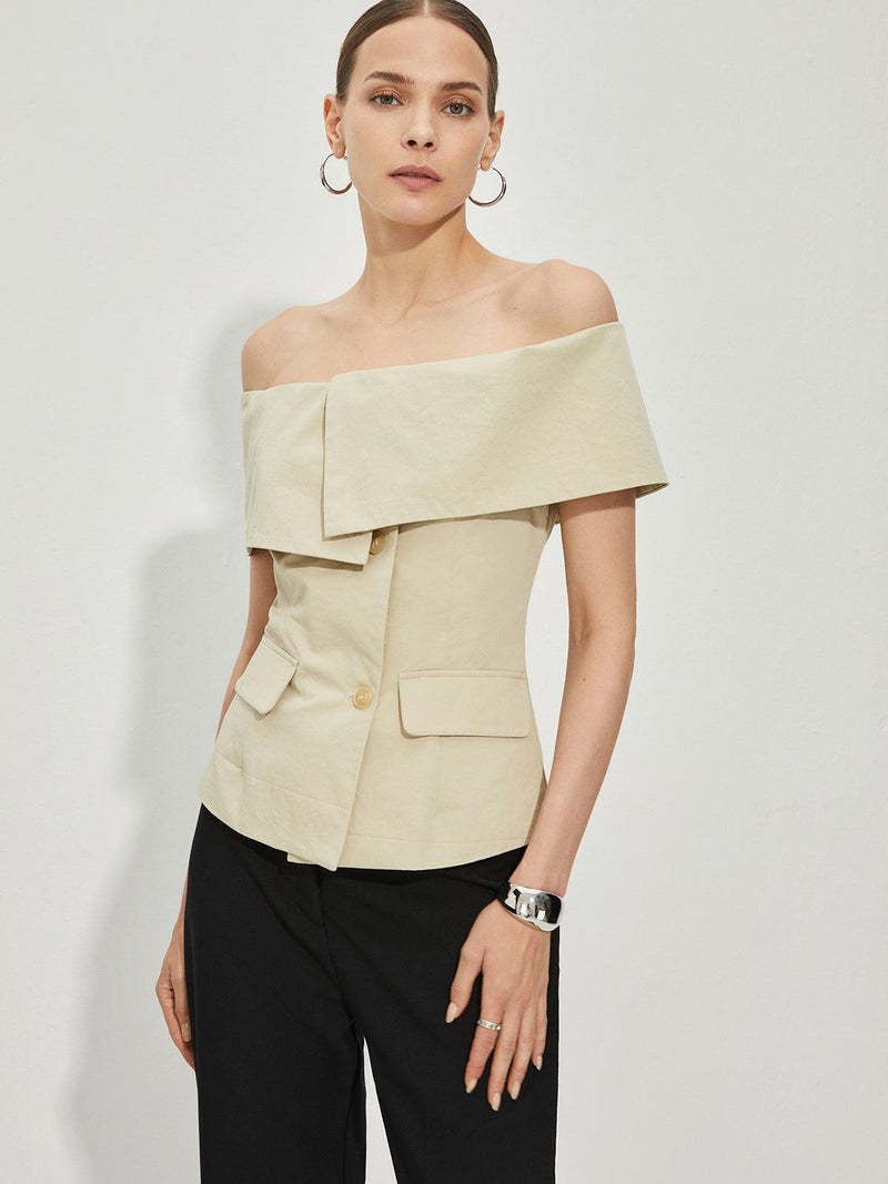 Off - Shoulder Detaylı Krem Renk Blazer Üst - Phentora