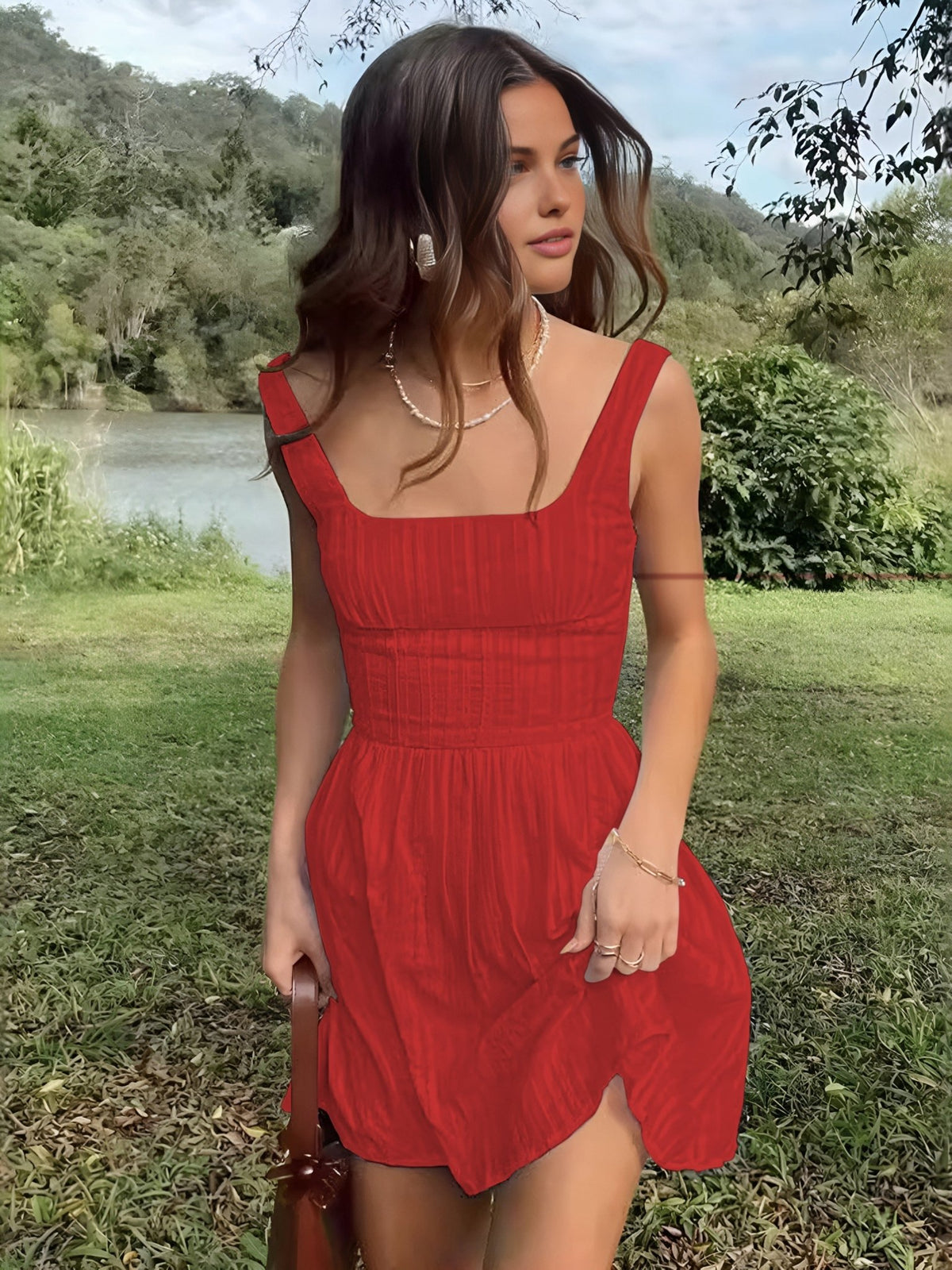 Semi - Sheer Düz Square Neckline Kısa Elbise - Phentora