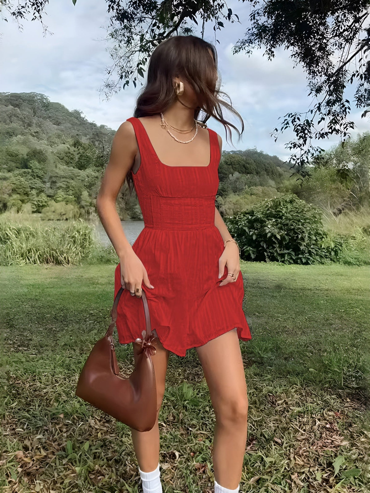 Semi - Sheer Düz Square Neckline Kısa Elbise - Phentora