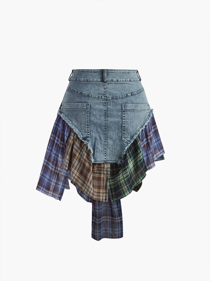 Panelli Asimetrik Etekli Denim Kısa Etek - Phentora