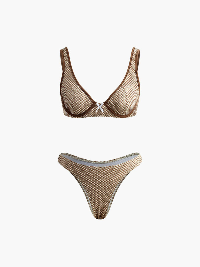 Contrast Binding Plaid Bikini Takım - Phentora