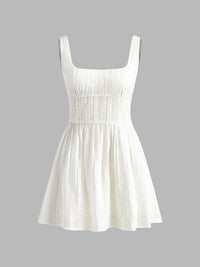 Semi - Sheer Düz Square Neckline Kısa Elbise - Phentora