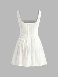 Semi - Sheer Düz Square Neckline Kısa Elbise - Phentora