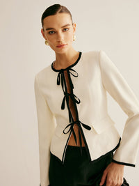 Contrast Trim Önden Bağlamalı Ceket - Phentora