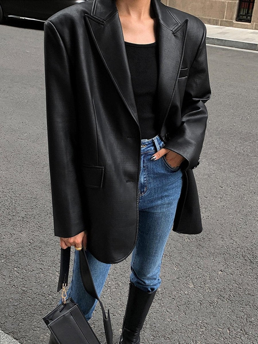 Siyah Bol Kesim Deri Blazer Ceket - Phentora