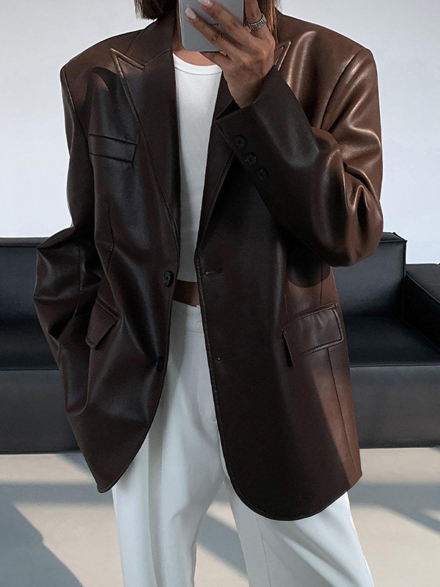 Siyah Bol Kesim Deri Blazer Ceket - Phentora