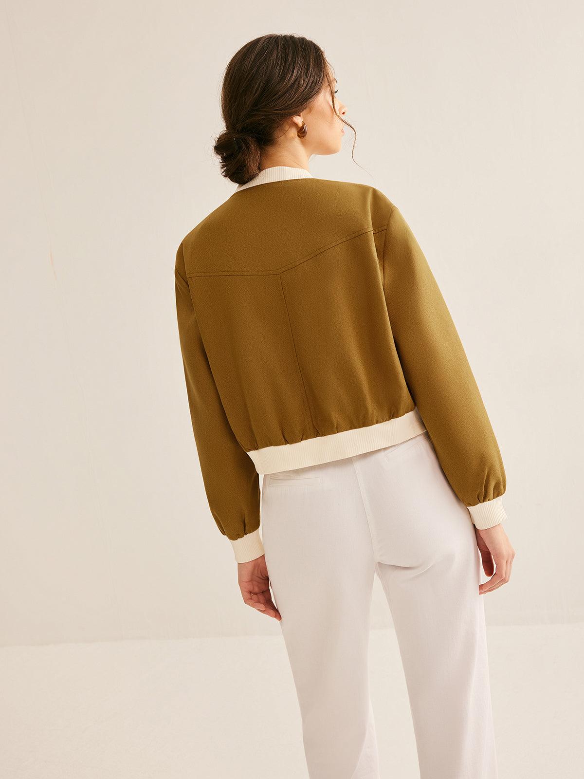 Olive Grace Ribbed Bomber Ceket - Phentora