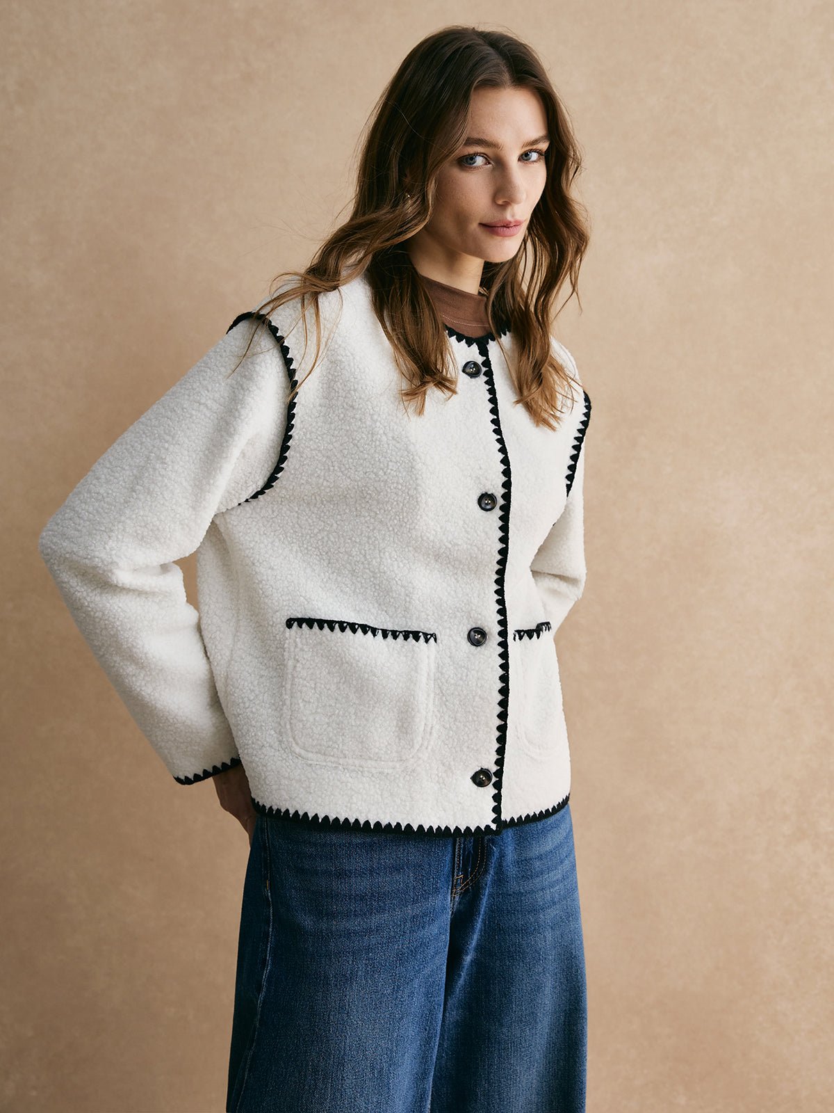 Contrast Trim Minky Fleece Ceket - Phentora