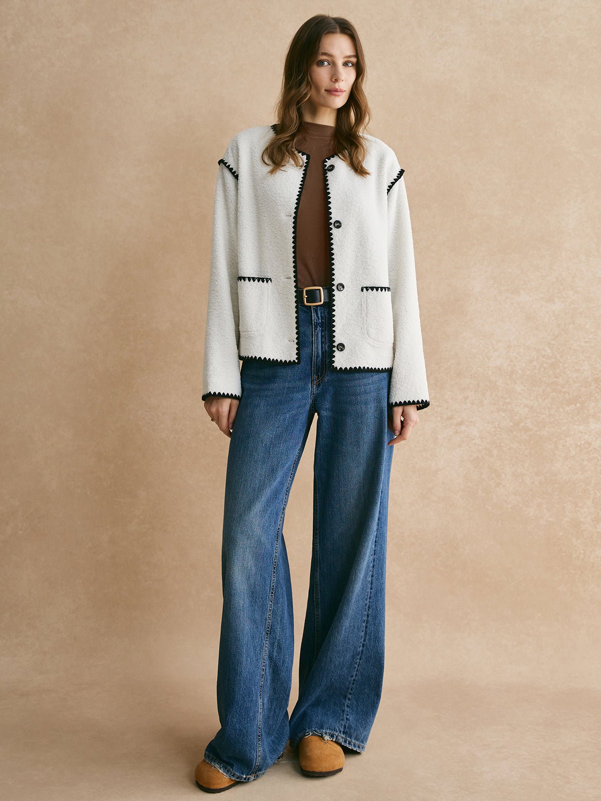 Contrast Trim Minky Fleece Ceket - Phentora