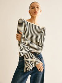 Striped Fırfırlı - Sleeve Triko Üst - Phentora