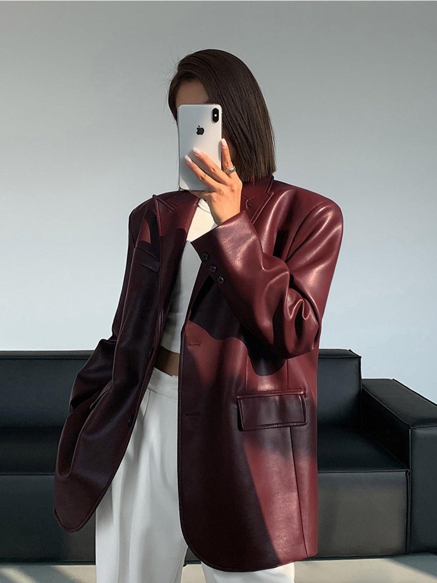 Siyah Bol Kesim Deri Blazer Ceket - Phentora