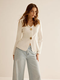 Ekru Altın Düğme Detaylı Modern Blazer Ceket - Phentora