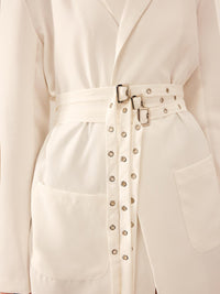 Beyaz Zarif Kemerli Blazer Ceket - Phentora
