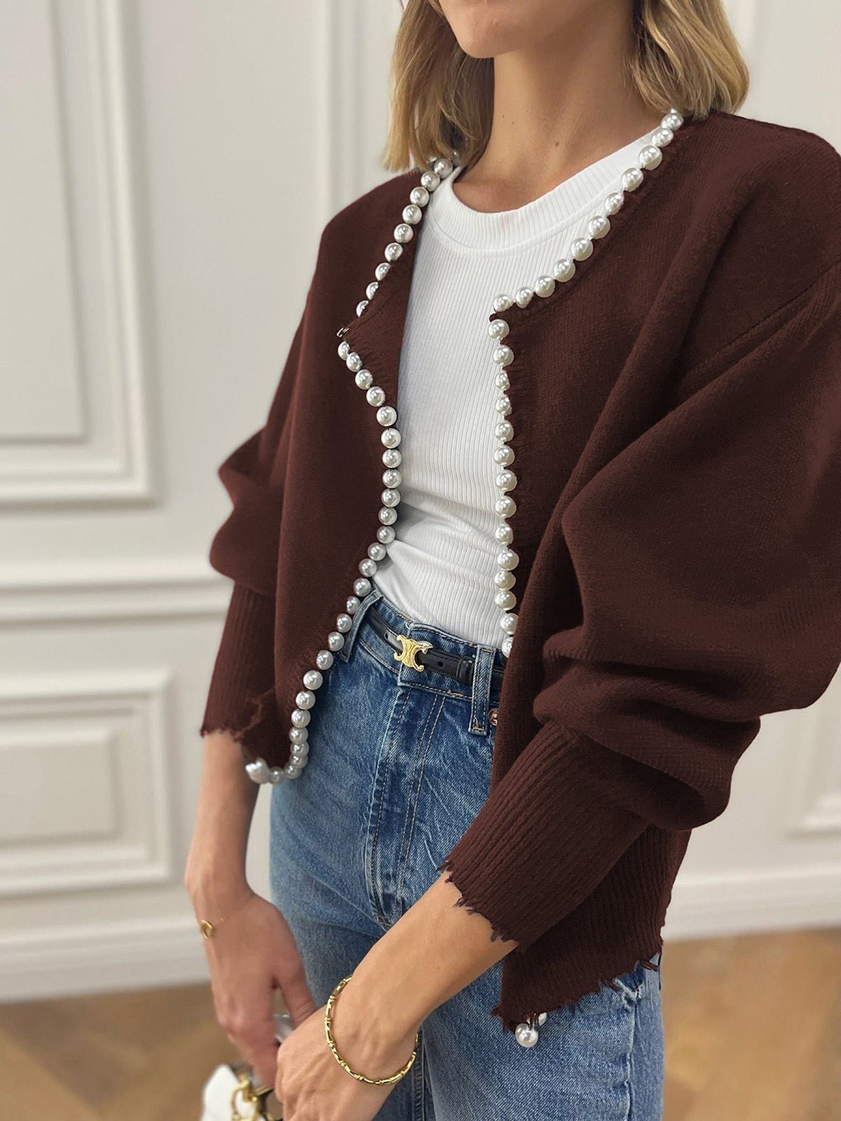 İnci Detaylı Trim Ripped Hem Hırka - Phentora