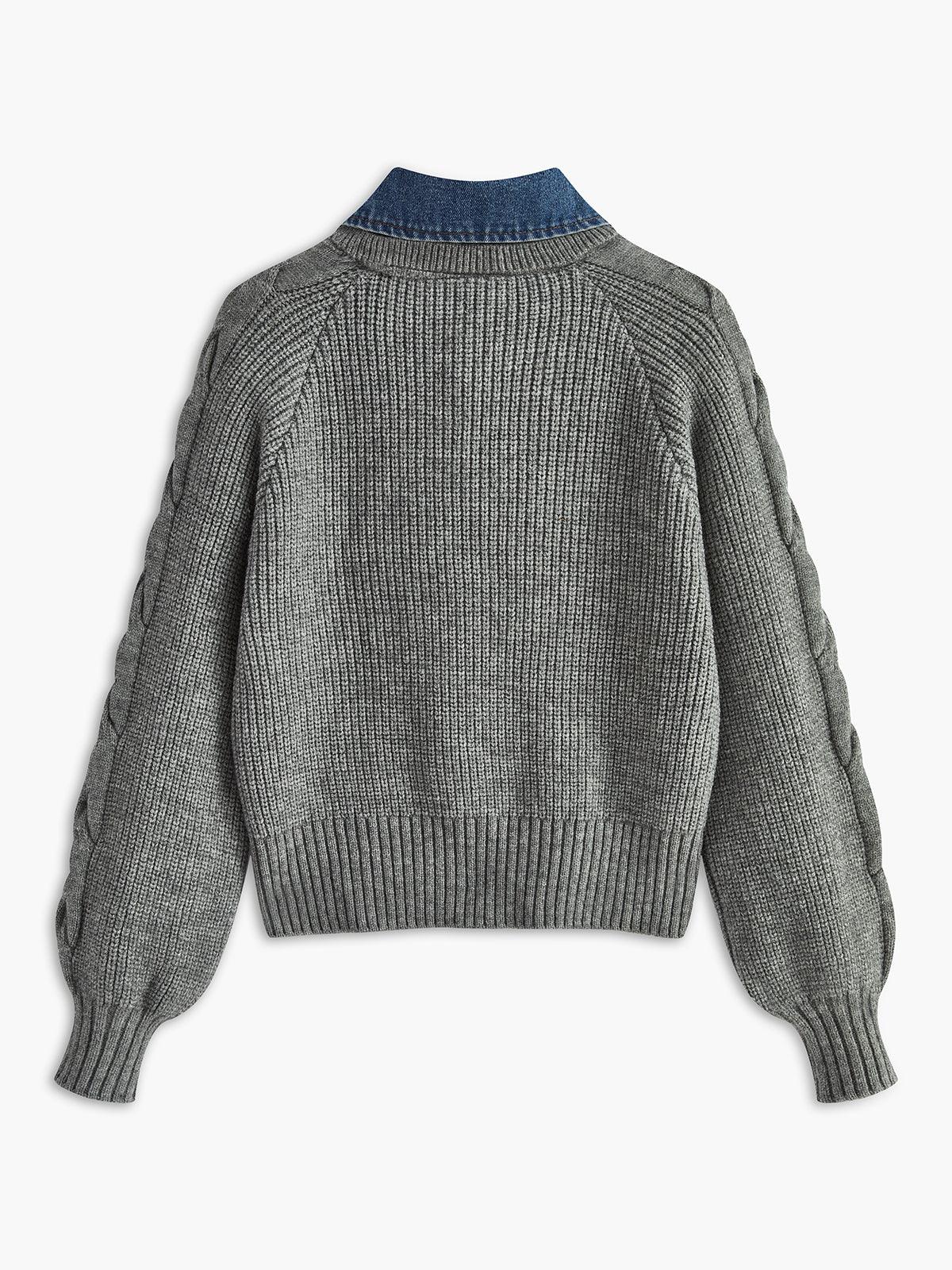 Denim Yakalı Örgü Detaylı Gri Kazak - Phentora