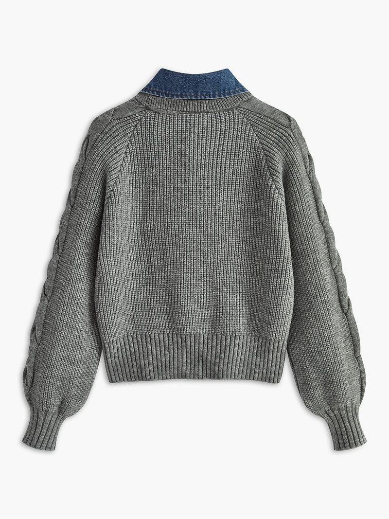 Denim Yakalı Örgü Detaylı Gri Kazak - Phentora