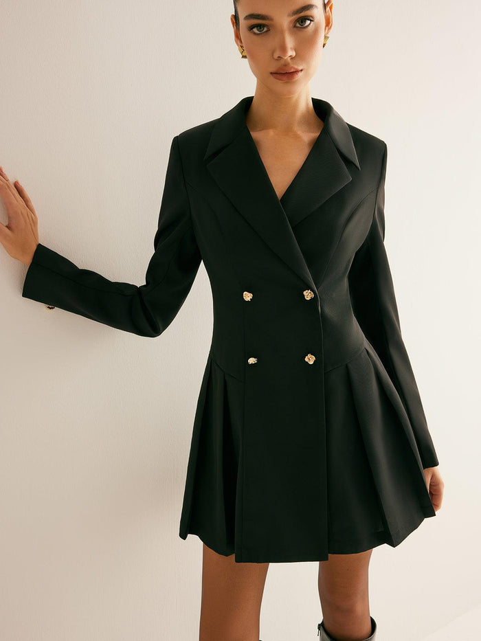 Altın Düğme Detaylı Siyah Blazer Elbise - Phentora