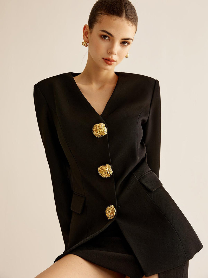 Altın Düğme Detaylı Siyah Mini Blazer Elbise - Phentora