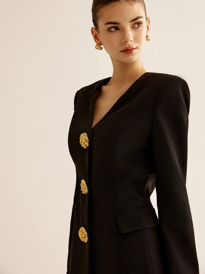 Altın Düğme Detaylı Siyah Mini Blazer Elbise - Phentora