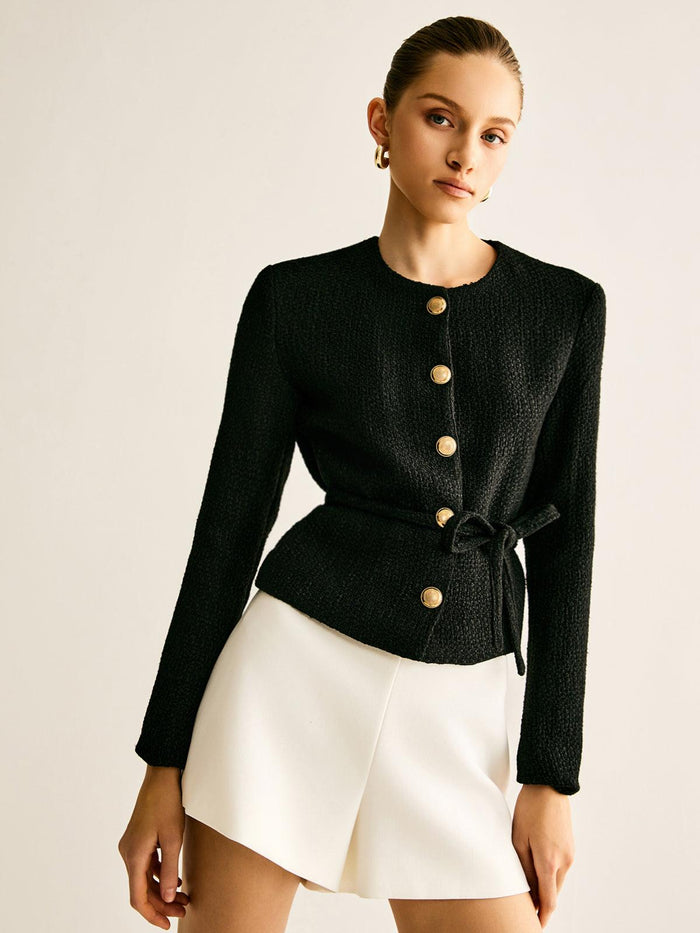 Siyah Altın Düğme ve Kuşak Detaylı Blazer Ceket - Phentora