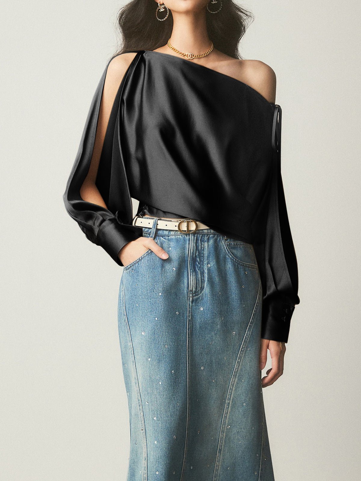 Saten Asymmetrical Cold Shoulder Tied Bluz - Phentora