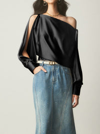 Saten Asymmetrical Cold Shoulder Tied Bluz - Phentora