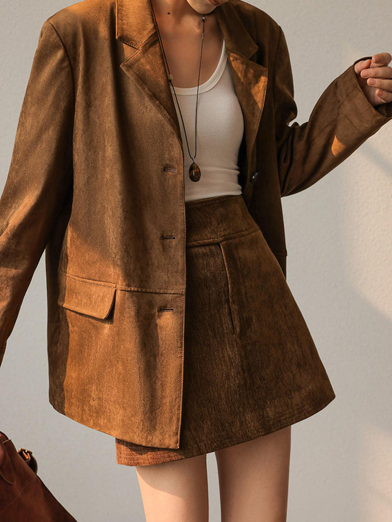 Kahverengi Süet Bol Kesim Blazer Ceket - Phentora