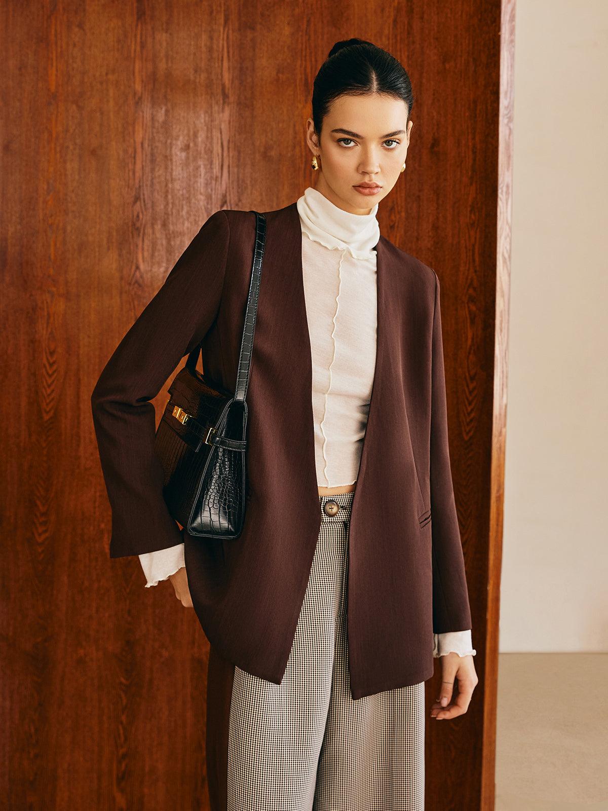 Kemer Detaylı Kahverengi Minimalist Blazer Ceket - Phentora
