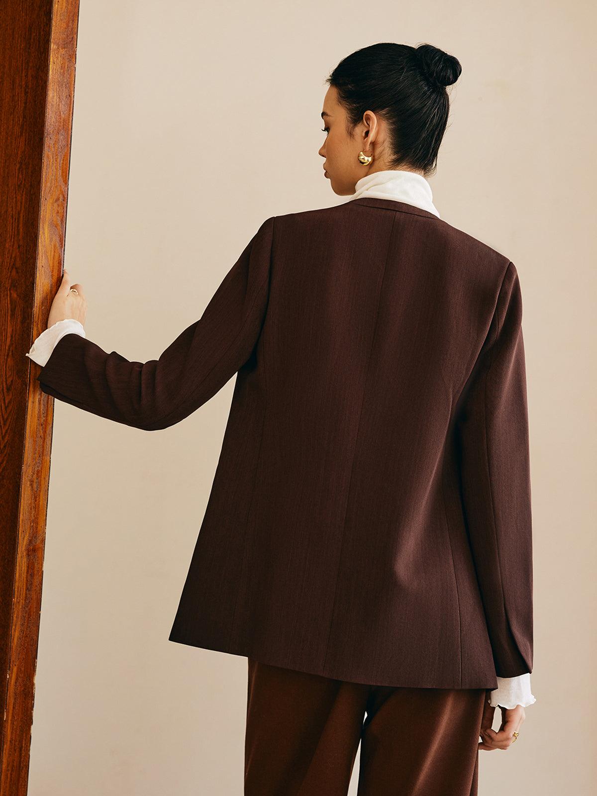 Kemer Detaylı Kahverengi Minimalist Blazer Ceket - Phentora