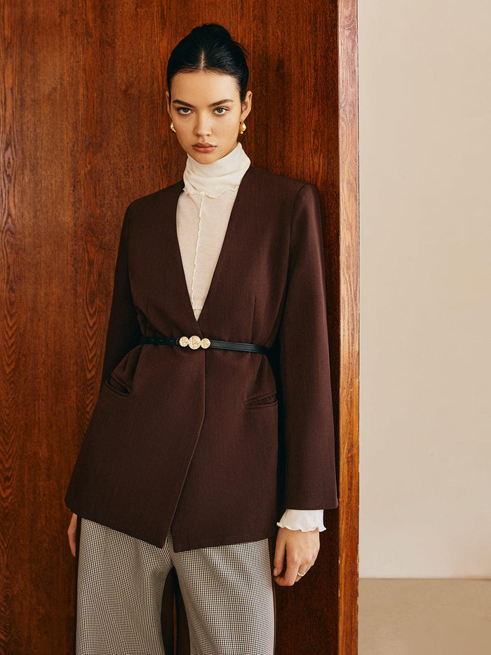 Kemer Detaylı Kahverengi Minimalist Blazer Ceket - Phentora