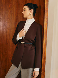 Kemer Detaylı Kahverengi Minimalist Blazer Ceket - Phentora