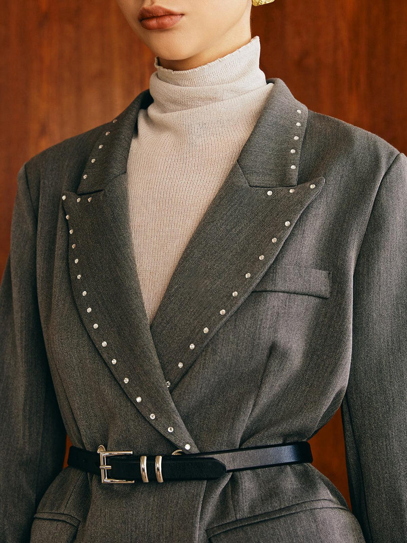 Gri Çift Düğmeli İnci Detaylı Blazer Ceket - Phentora