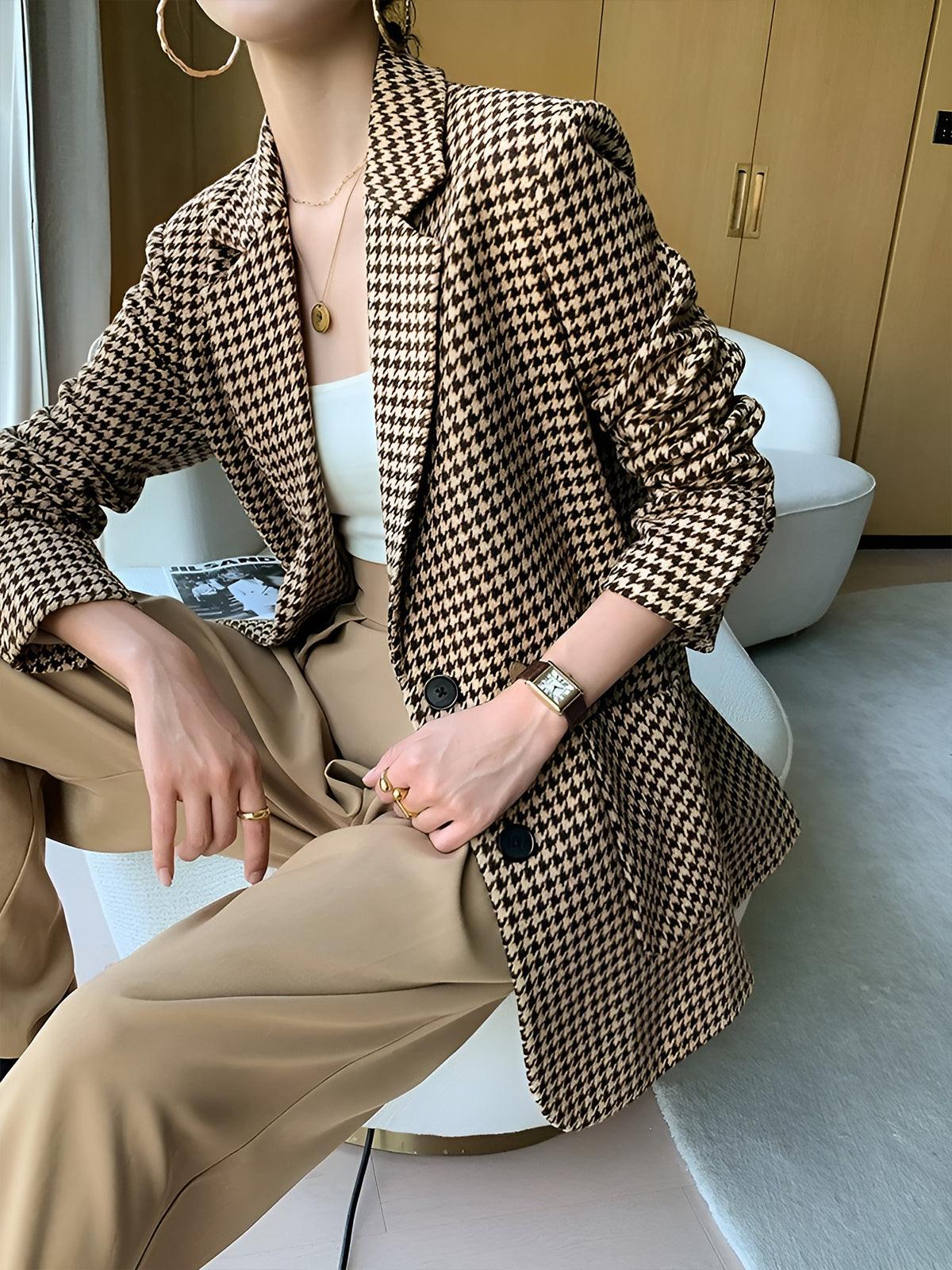 Kazayağı Desenli Kemerli Blazer Ceket - Phentora