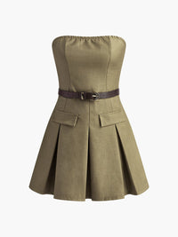 Shirred Pileli Straplez Elbise With Belt - Phentora
