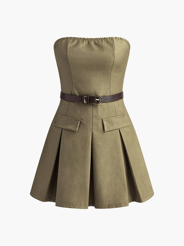 Shirred Pileli Straplez Elbise With Belt - Phentora