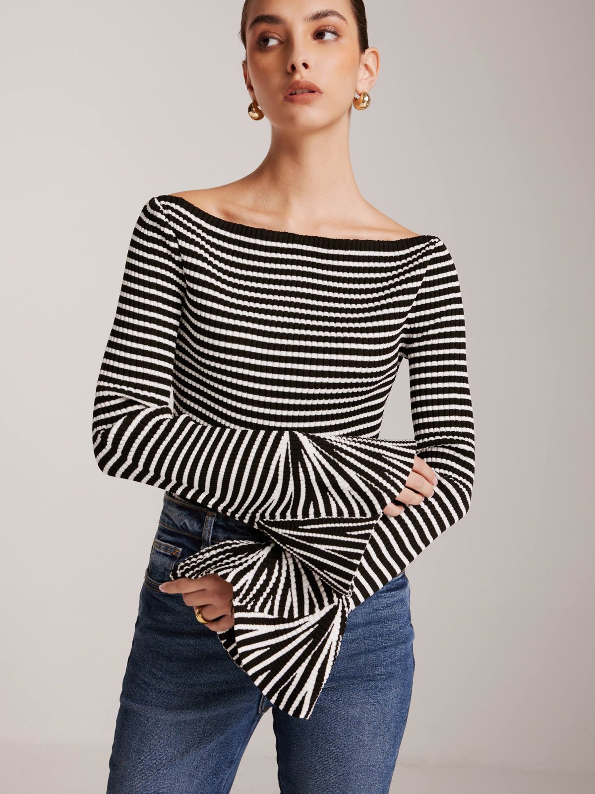 Striped Fırfırlı - Sleeve Triko Üst - Phentora