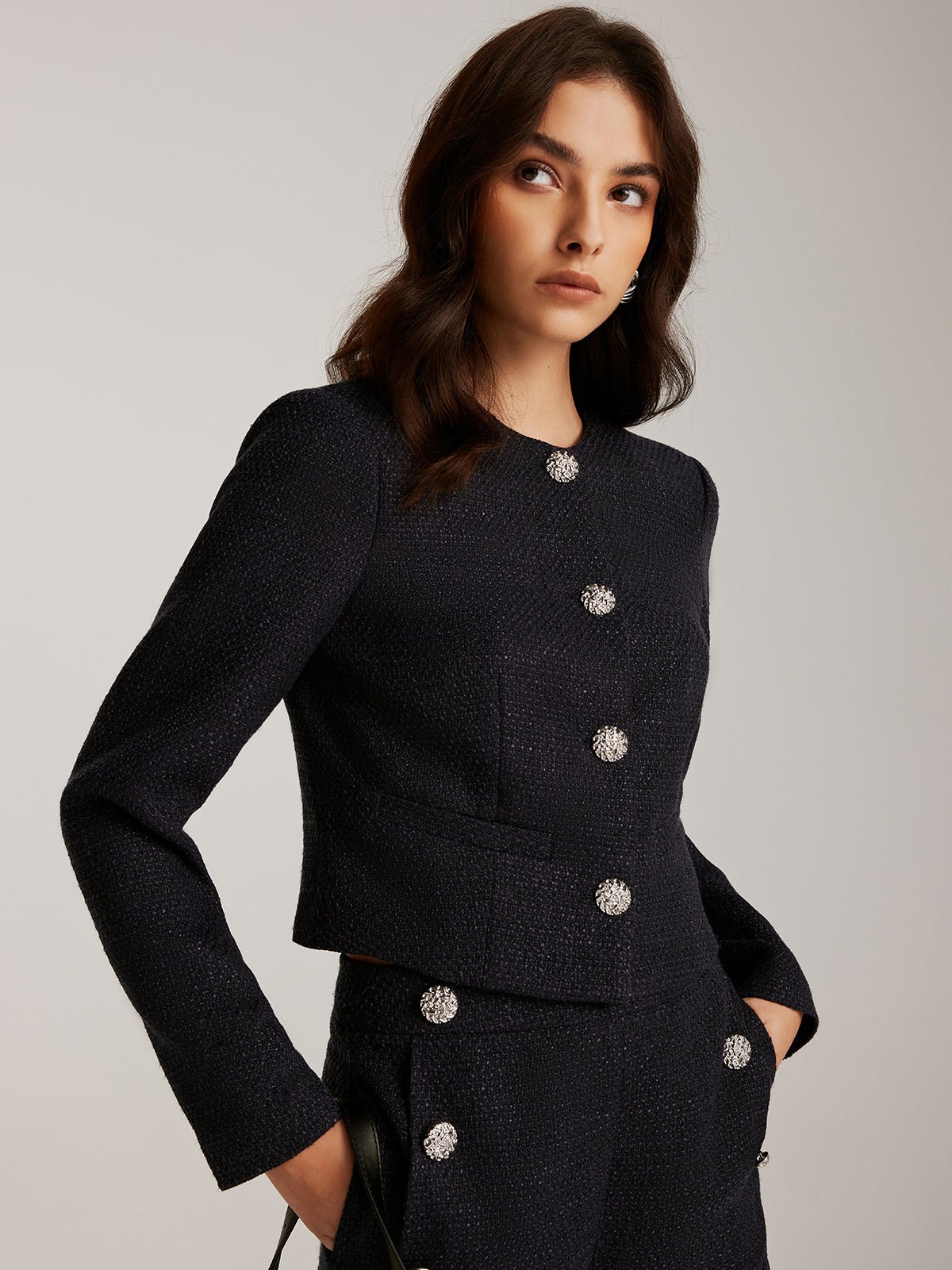 Düğmeli Kısa Tweed Blazer - Phentora