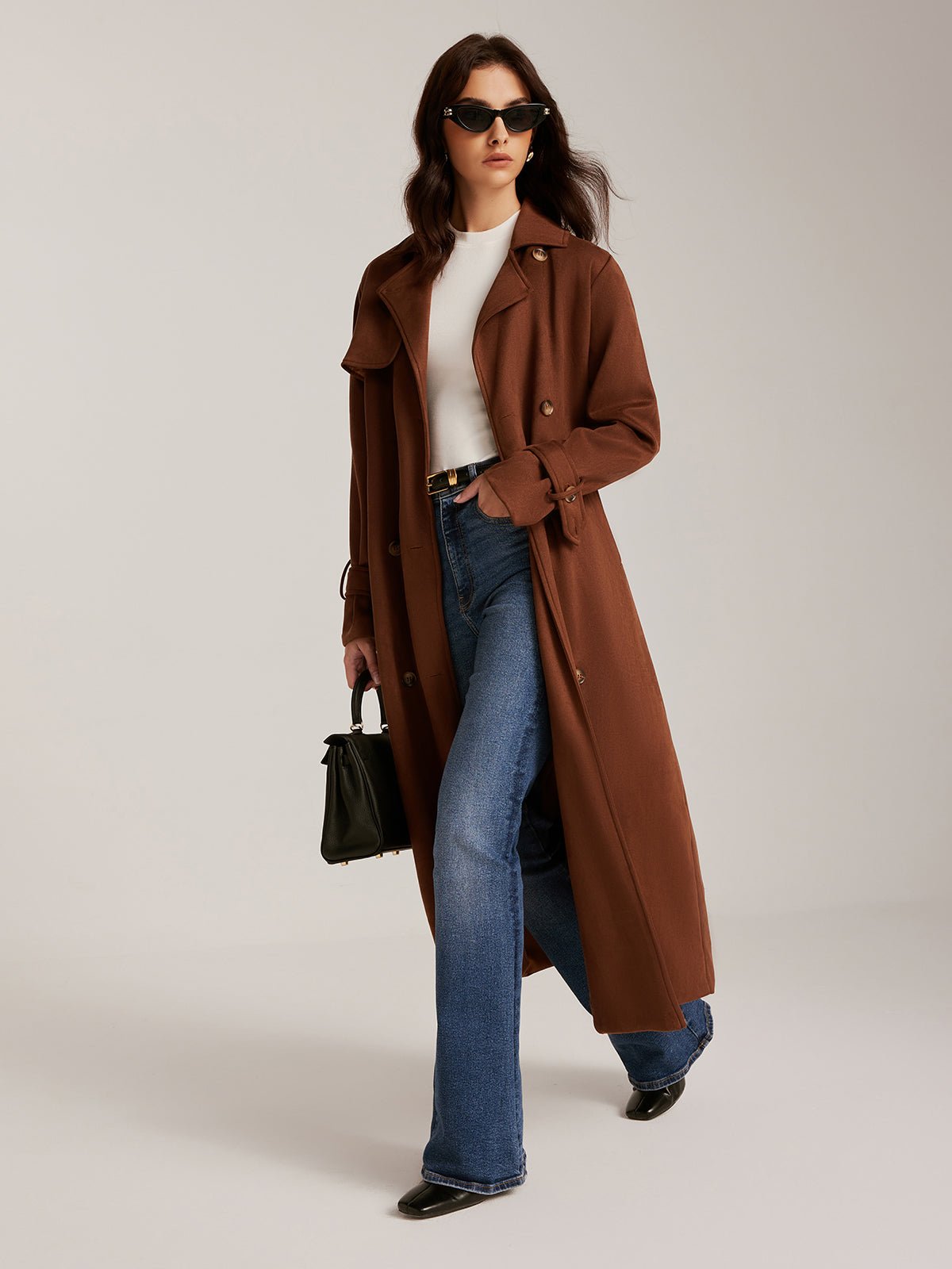Süet Kemerli Düğmeli Uzun Trençkot - Phentora