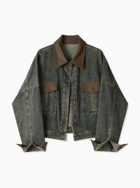 Vintage Contrast Trim Yakalı Denim Ceket - Phentora