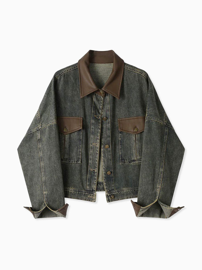 Vintage Contrast Trim Yakalı Denim Ceket - Phentora