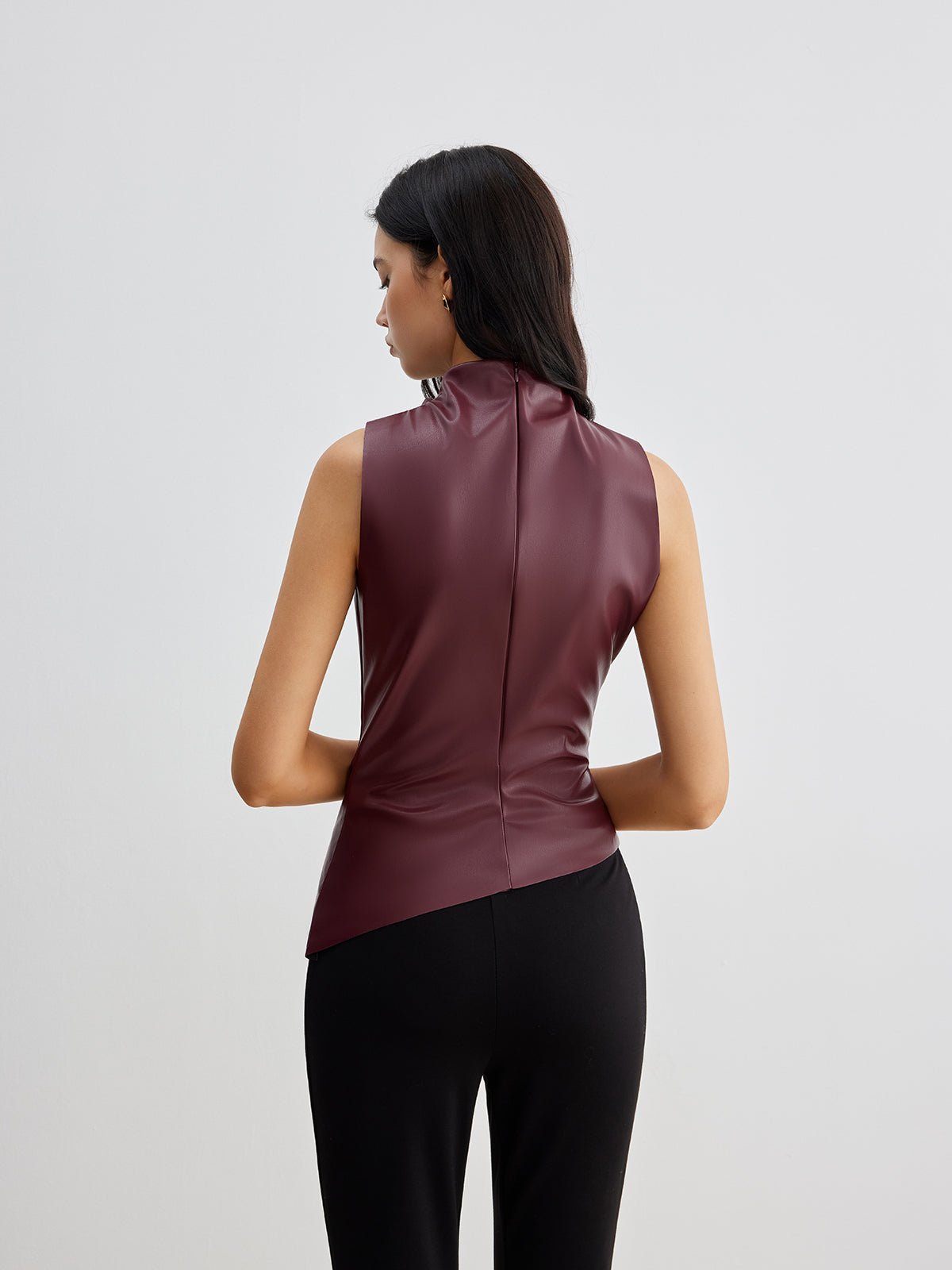 Mock Neck Faux Deri Cinched Tank Üst - Phentora