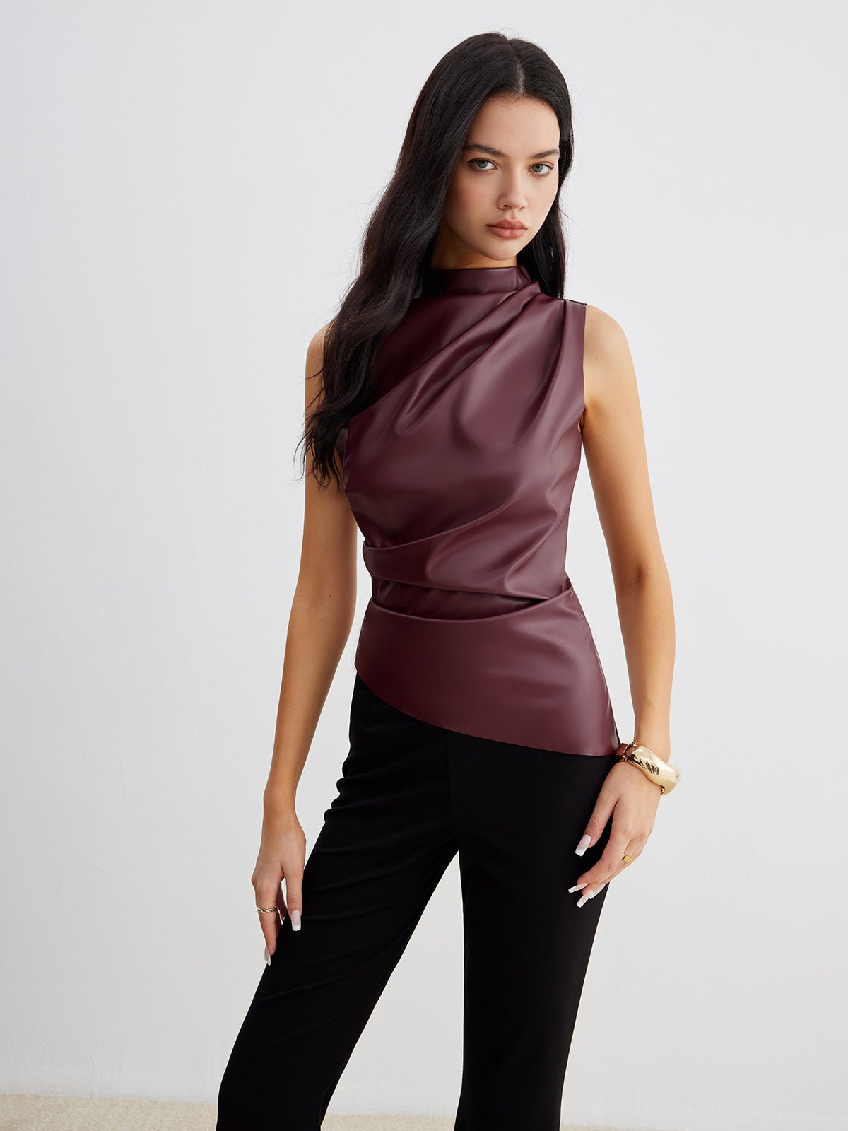 Mock Neck Faux Deri Cinched Tank Üst - Phentora