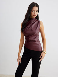 Mock Neck Faux Deri Cinched Tank Üst - Phentora
