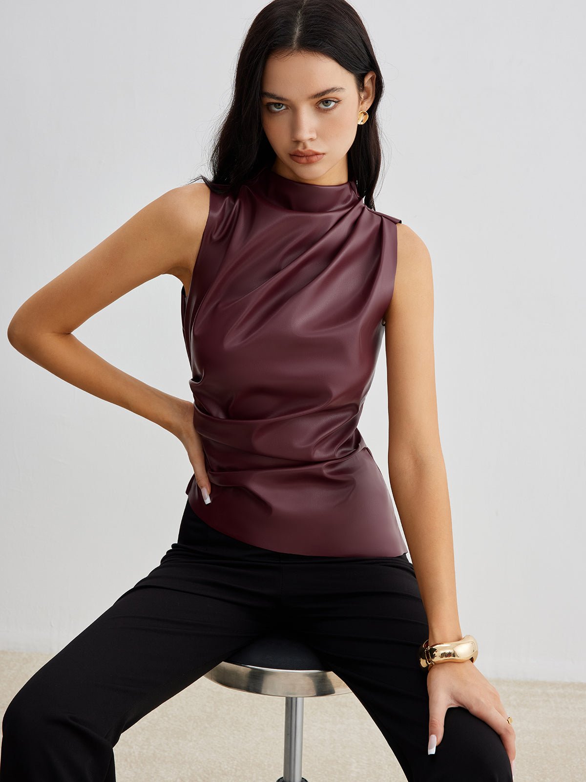 Mock Neck Faux Deri Cinched Tank Üst - Phentora
